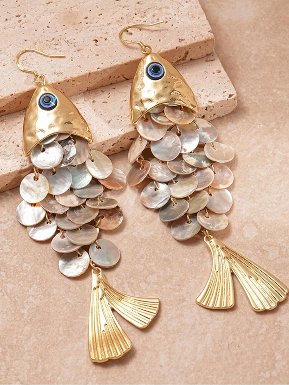 Gold Fish Shell Disc Dangle Earrings - Picture 6 of 7